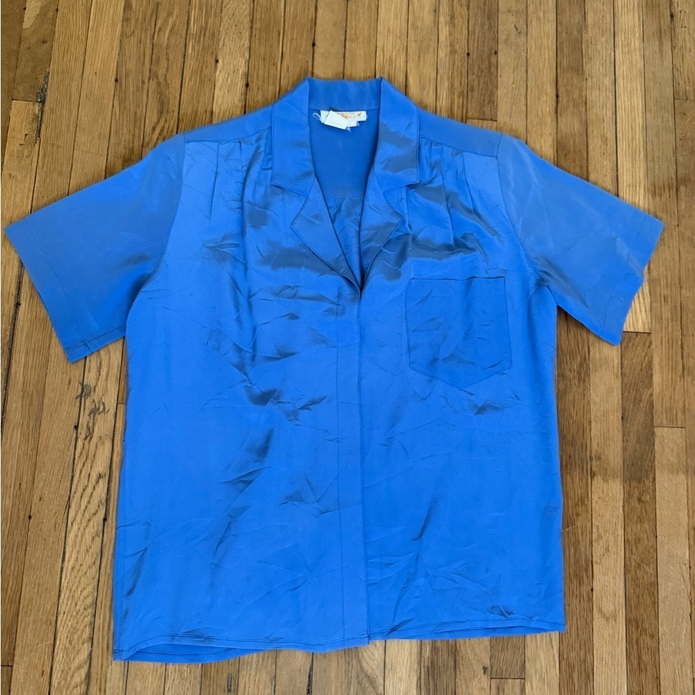 Vintage 100% SILK Women's Blue Short Sleeve Button Up Blouse | Size 4 - Picture 1 of 8